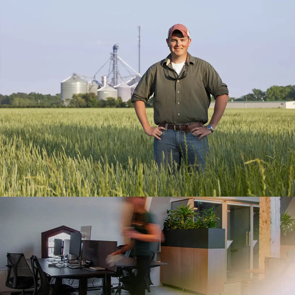 A man in farm clothes standing in a field and a separate photo of a man walking through an office .